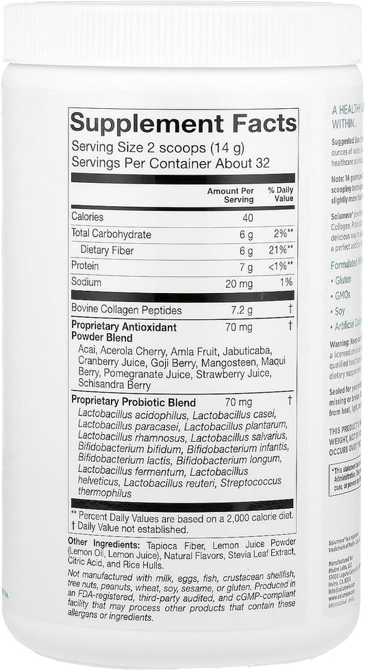 Solumeve Collagen with Probiotics and Superfruits, Powdered Drink Mix, Strawberry Lemonade, 16 oz (454 g)
