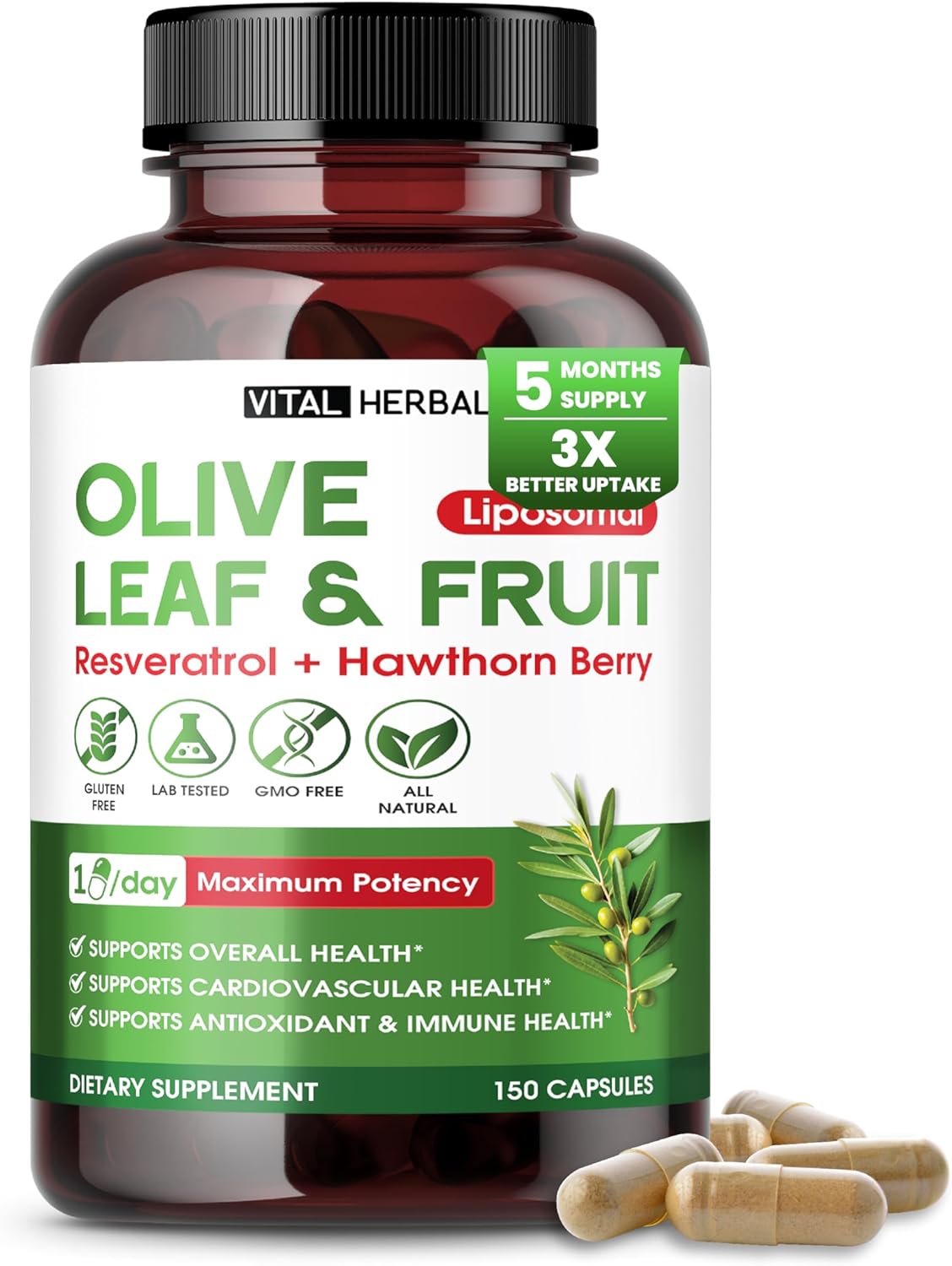 Vital Herbal Organic Olive Fruit & Leaf With Hawthorn Berry Capsules – 150 Capsules – Supports Overall Health, Antioxidant & Immune Function – Made In The Usa