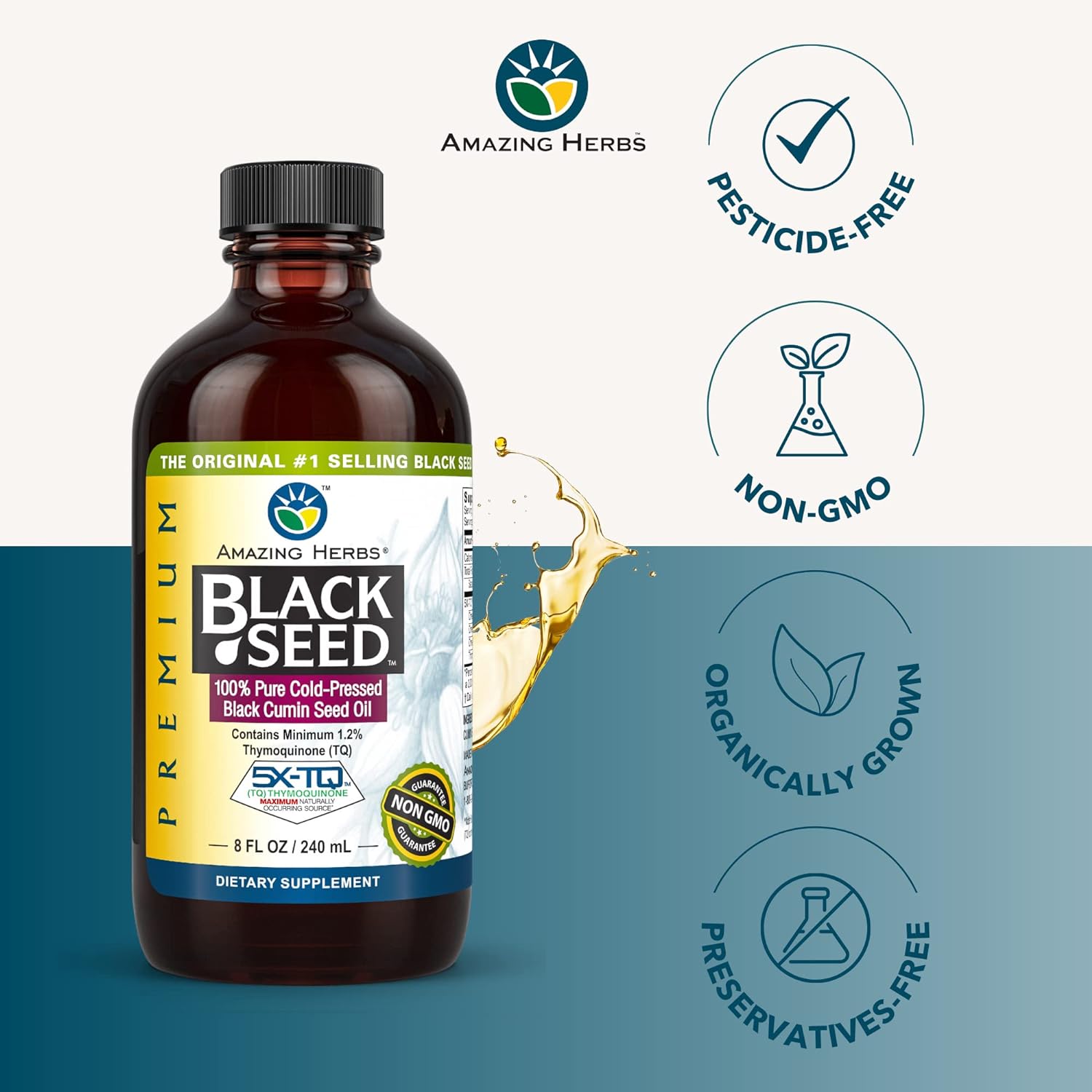 Amazing Herbs Premium Black Seed Oil - Cold Pressed Nigella Sativa Aids in Digestive Health, Immune Support, Brain Function, Joint Mobility, Gluten Free, Non GMO - 8 Fl Oz : Health & Household