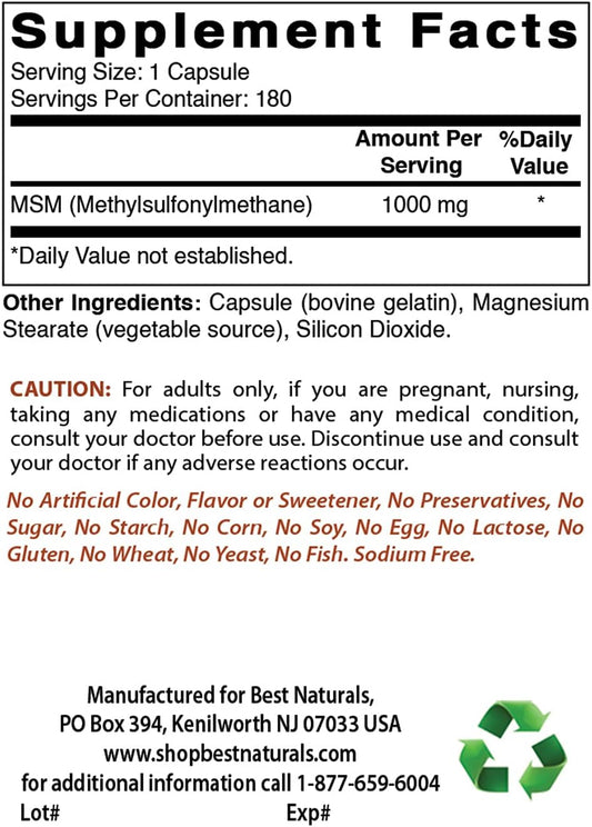 Best Naturals Msm 1000 Mg 180 Capsules180 Count (Pack Of 1)