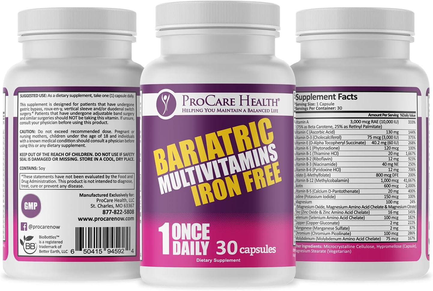 Bariatric Multivitamin | Capsule | Iron Free | 30 Count : Health & Household