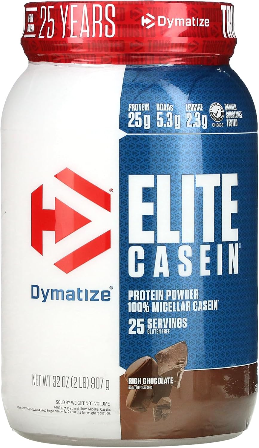 Dymatize Elite Casein Protein Powder, Slow Absorbing With Muscle Building Amino Acids, 100% Micellar Casein, 25G Protein, 5.4G Bcaas & 2.3G Leucine, Helps Overnight Recovery, Rich Chocolate, 2 Pound : Health & Household