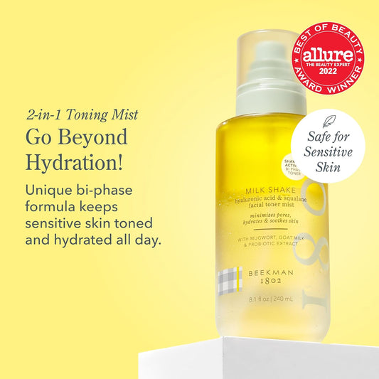 Beekman 1802 Milk Shake Hydrating Face Mist - Hyaluronic Acid & Squalane Facial Mist Minimizes Pores & Gently Moisturizes - Goat Milk Skin Toner Spray - Lightweight, Fragrance-Free Travel Toner
