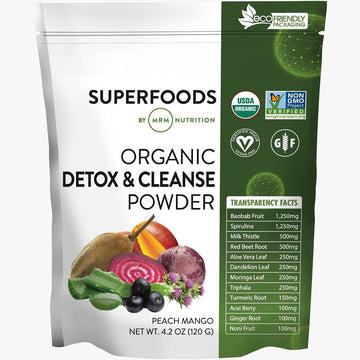 MRM Nutrition Organic Detox and Cleanse Powder | Peach Mango Flavored | Gentle Daily Detox | Superfoods | Antioxidants + Chlorophyll + Phycocyanin + Electrolytes | 15 Servings