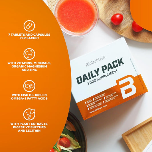 Biotechusa Daily Pack, Full-Range Multivitamin Product That Contains 7 Different Pills, Capsules And Softgel Capsules With Minerals, Coenzyme Q10, Grape Seed Extract, Lecithin And Essential Fatty Acids, 30 Packages