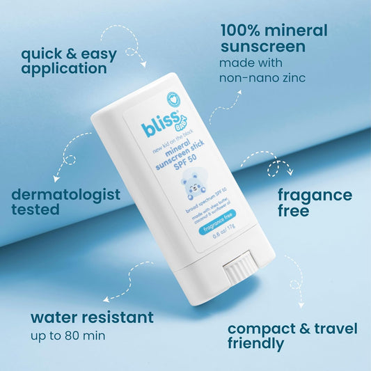 Bliss Baby Mineral Face Sunscreen Stick, Spf 50, Natural Zinc Oxide, Unscented, Hypoallergenic & Dermat Tested, Water-Resistant, Vegan, Sensitive Skin - For Toddlers, Babies, Kids & Whole Family