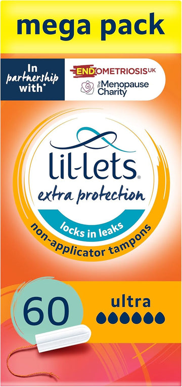 Lil-Lets Non-Applicator Ultra Tampons X 60, (6 Packs of 10 Tampons), For Extremely Heavy Flow, 6 Droplets, Plant-Based, SmartFit™ Non-App Tampon