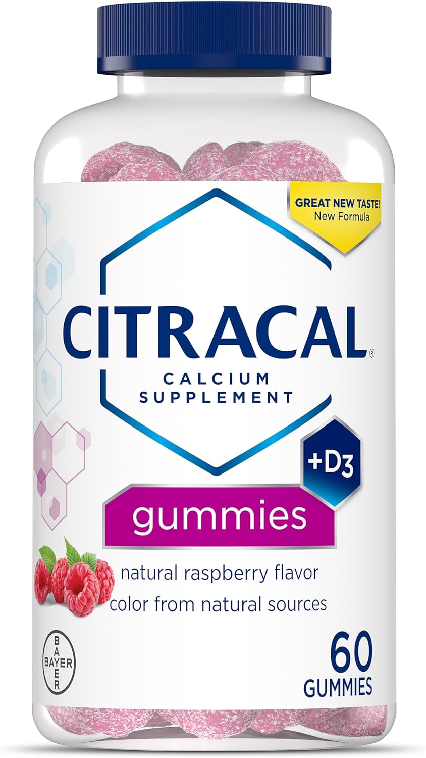 Citracal Calcium Supplement Gummies, Chewable Calcium With Vitamin D3, Supports Bone Health, Calcium Chews For Ages 12+, Natural Raspberry Flavor, 60 Count