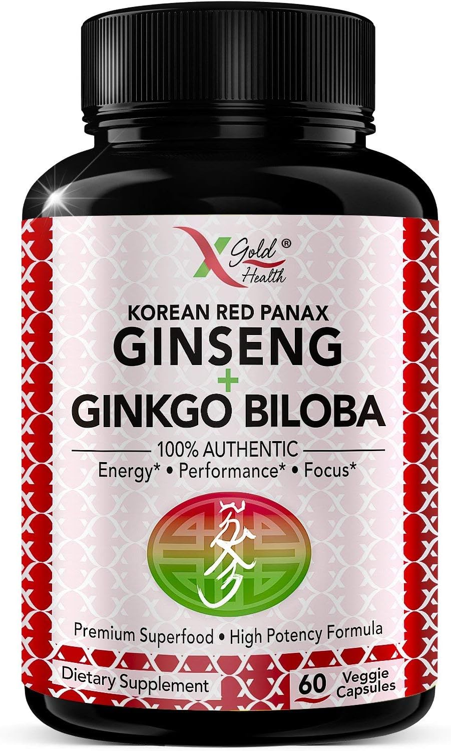 Korean Red Panax Ginseng 1200mg + Ginkgo Biloba - Extra Strength Root Extract Powder Supplement w/High Ginsenosides Vegan Capsules for Energy, Performance & Focus - Supplement for Men & Women