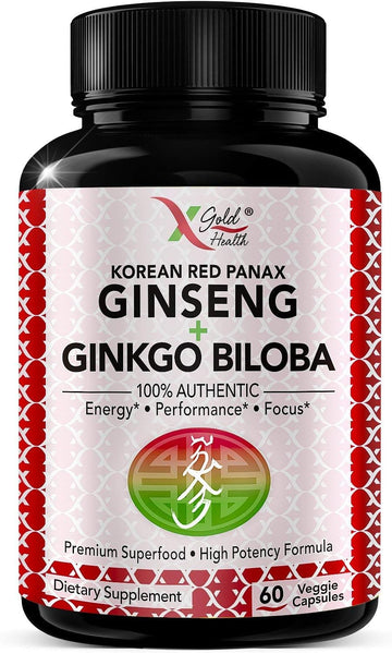 Korean Red Panax Ginseng 1200mg + Ginkgo Biloba - Extra Strength Root Extract Powder Supplement w/High Ginsenosides Vegan Capsules for Energy, Performance & Focus - Supplement for Men & Women
