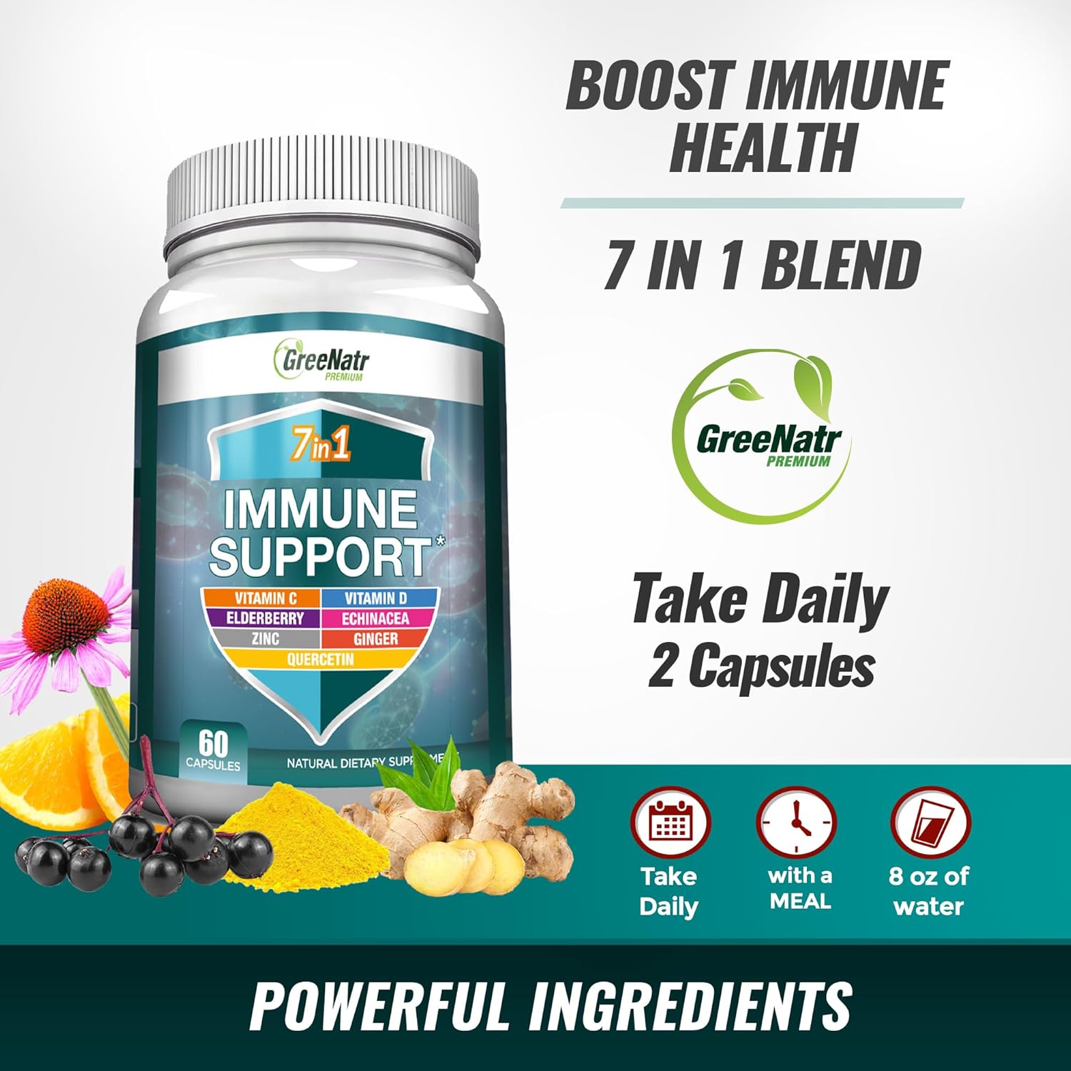 Greenatr 7 In 1 Immune Support Supplement With Vitamin C, D3, Zinc 50Mg, Quercetin, Echinacea Purpurea, Sambucus Elderberry And Ginger For Complete Immune Defense - 60 Capsules (1 Bottle) : Health & Household