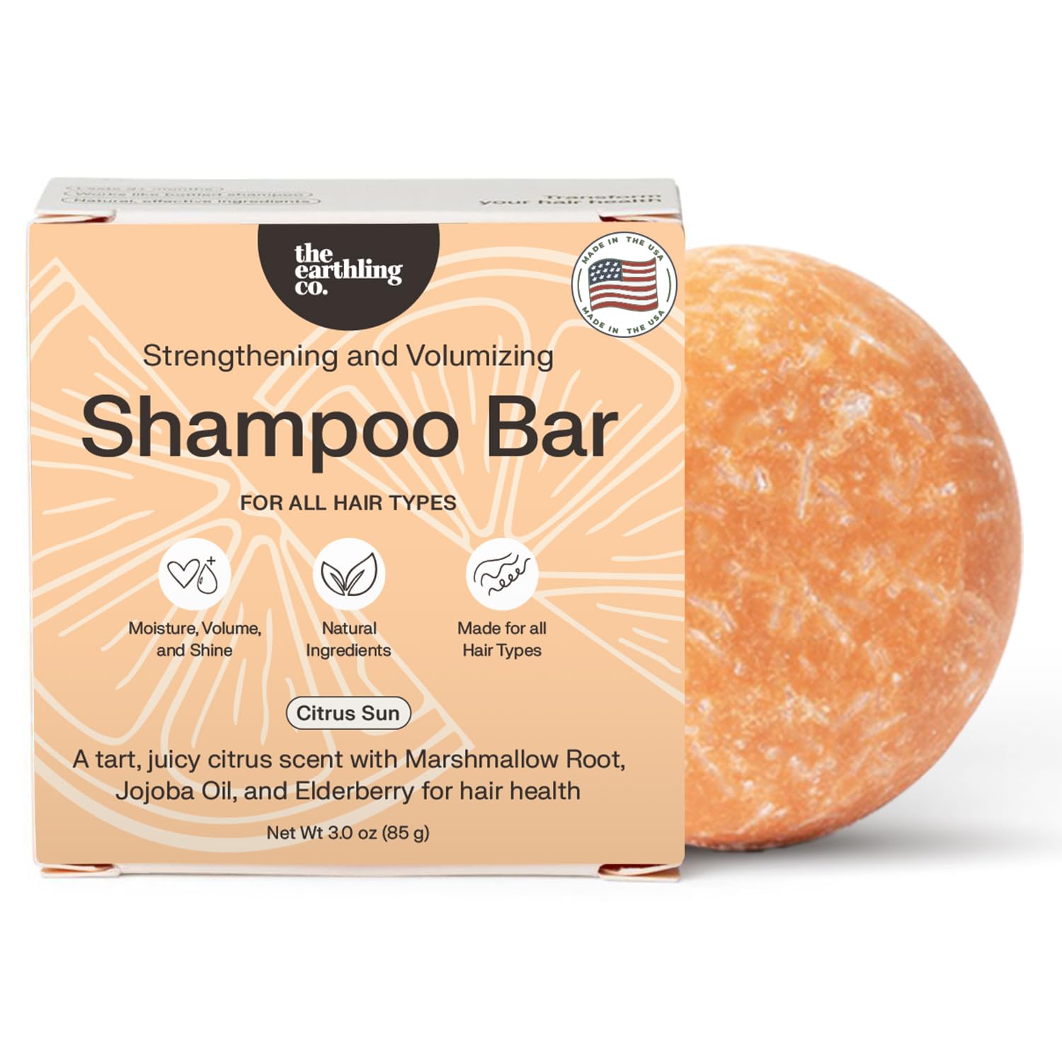 The Earthling Co. Shampoo Bar - Promote Hair Growth, Strengthen & Volumize All Hair Types - Paraben & Sulfate Free Formula With Natural, Vegan Ingredients For Dry Hair (Citrus Sun, 3 Oz)