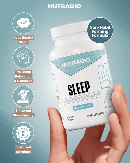 Nutrabio Sleep - Advanced Deep Sleep Supplement - Restorative Natural Sleep Aid, Reduces Restlessness - Melatonin Free Sleep Aid - 30 Servings- 90 Capsules