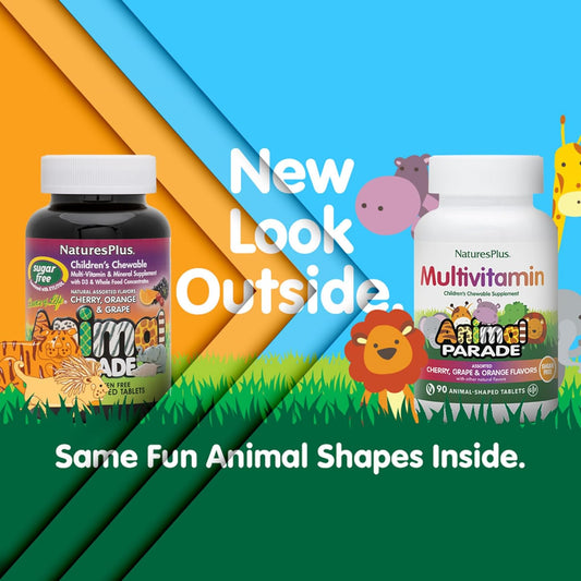 Natures Plus Animal Parade Sugar-Free Children'S Multivitamin - Assorted Cherry, Grape & Orange Flavors - 90 Chewable Tablets - 45 Total Servings
