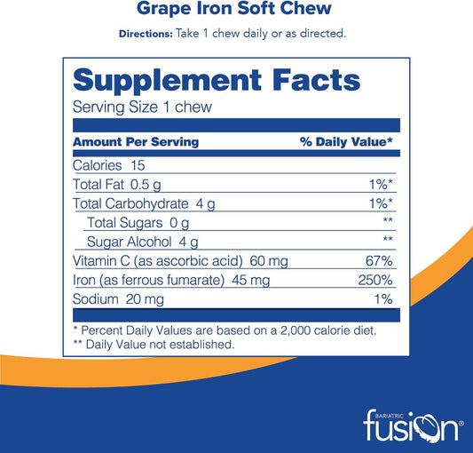 Bariatric Fusion Iron Soft Chew With Vitamin C | Grape Flavored | Chewy Vitamin For Bariatric Patients | Gluten Free | Iron Supplement For Women And Men | 60 Count | 2 Month Supply