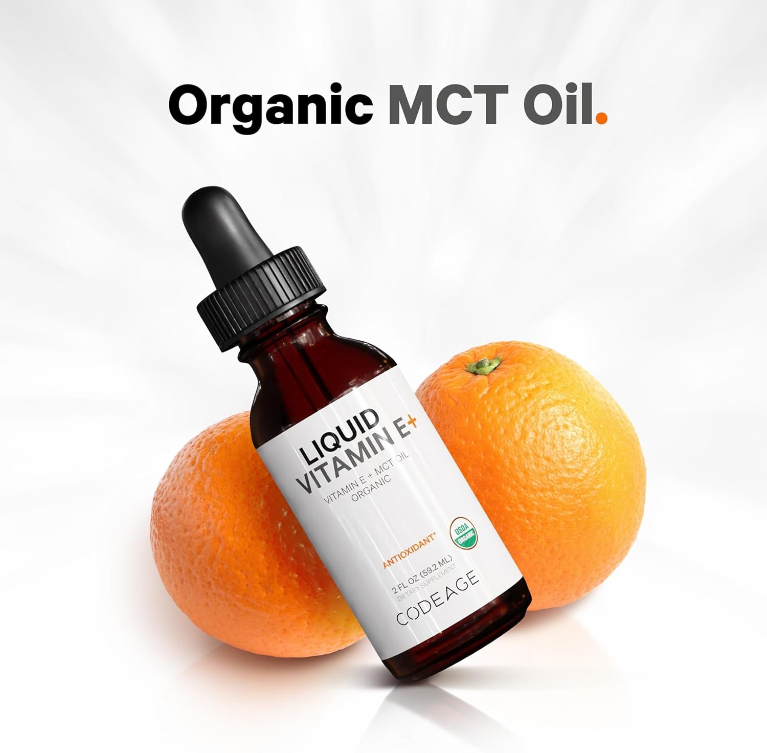 Codeage Liquid Vitamin E+ - USDA-Certified Organic, Organic MCT Oil, Organic Orange Oil Fruit, 2-Month Supply, Unflavored - Antioxidant, Skin & Immune Support - Non-GMO, Vegan, Gluten-Free - 2 fl oz : Health & Household