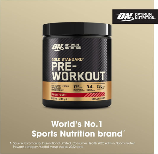 Optimum Nutrition Gold Standard Pre Workout Powder, Energy Drink with Creatine Monohydrate, Beta Alanine, Caffeine and Vitamin B Complex, Fruit Punch, 30 Servings, 330g, Packaging May Vary