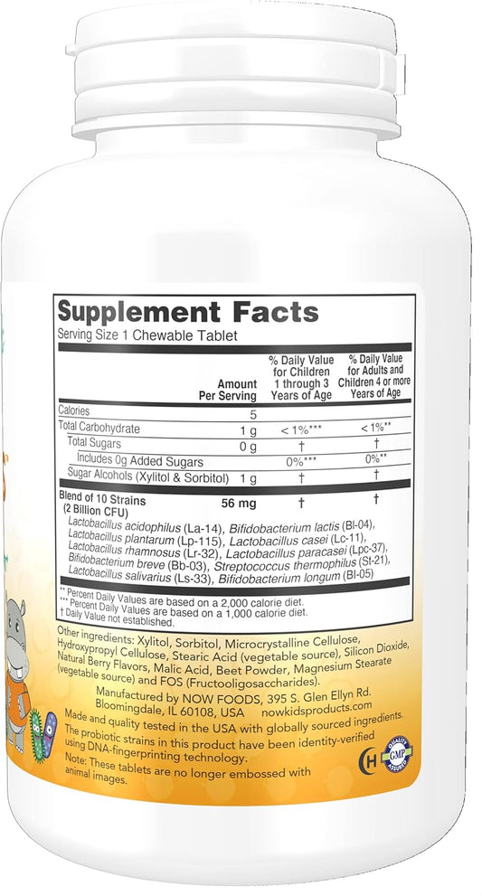 NOW Supplements, BerryDophilus™ with 2 Billion, 10 Probiotic Strains, Xylitol Sweetened, Strain Verified, 120 Chewables, packaging may vary