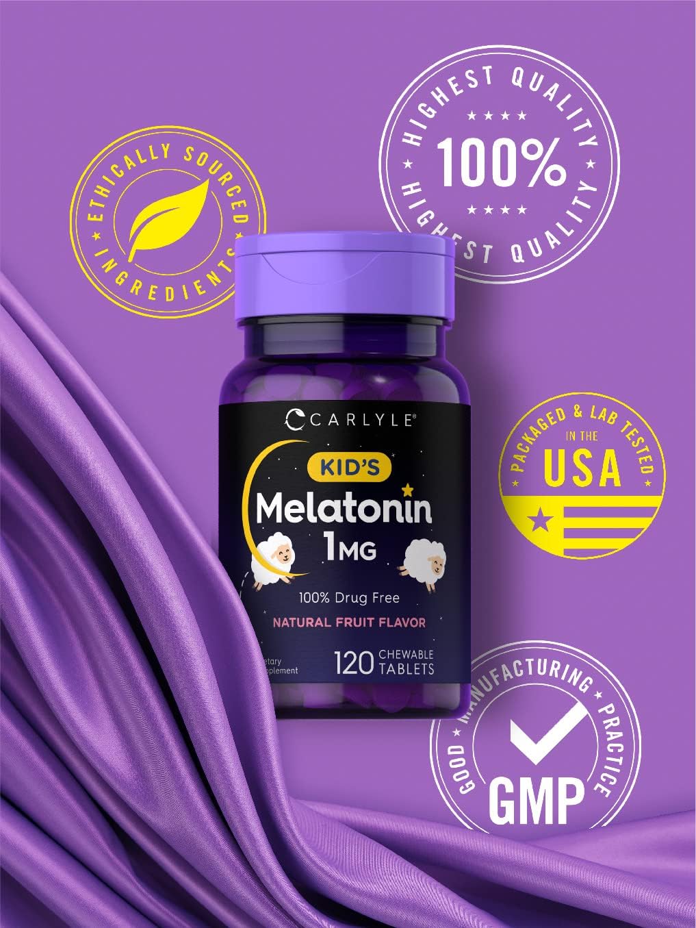 Carlyle Kids Melatonin 1mg | 120 Chewable Tablets | Fruit Flavor | Non-GMO, Gluten Free : Health & Household