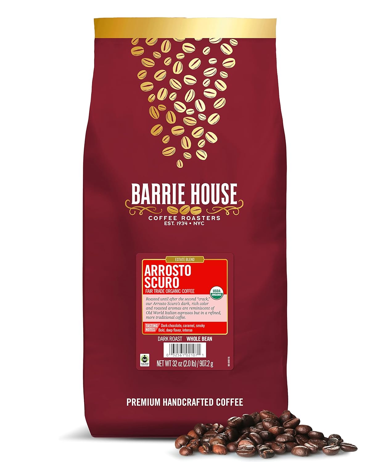 Barrie House Arrosto Scuro Italian Roast Whole Bean Coffee, 2 Lb Bag | Fair Trade Organic Certified | Dark Roast | Smokey And Bold Flavor | 100% Arabica Coffee Beans