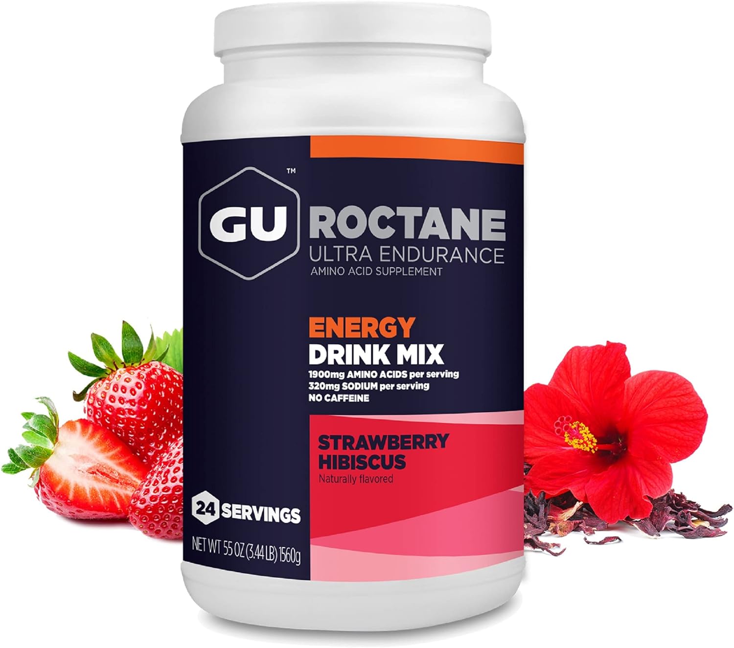 Gu Energy Roctane Ultra Endurance Energy Drink Mix, Vegan, Gluten-Free, Kosher, And Dairy-Free N-The-Go Energy For Any Workout, Strawberry Hibiscus, 3.44 Lb. Canister (24 Servings)