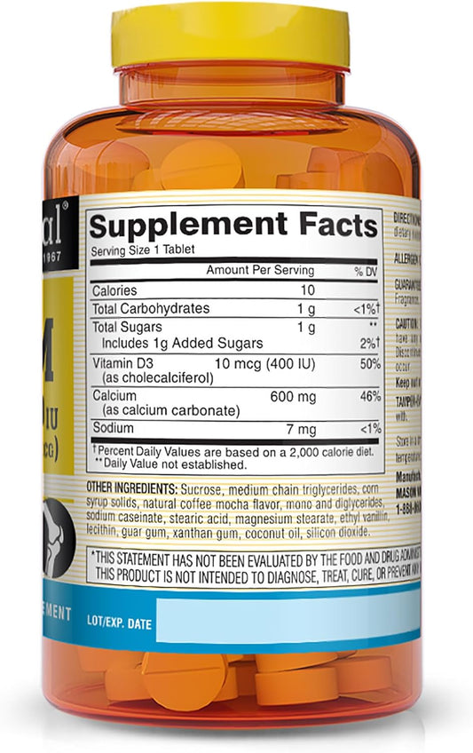 Mason Natural Calcium 600 mg with Vitamin D3 - Supports Healthy Bones, Strengthens Muscle Function, Coffee Mocha Flavor, 100 Chewables