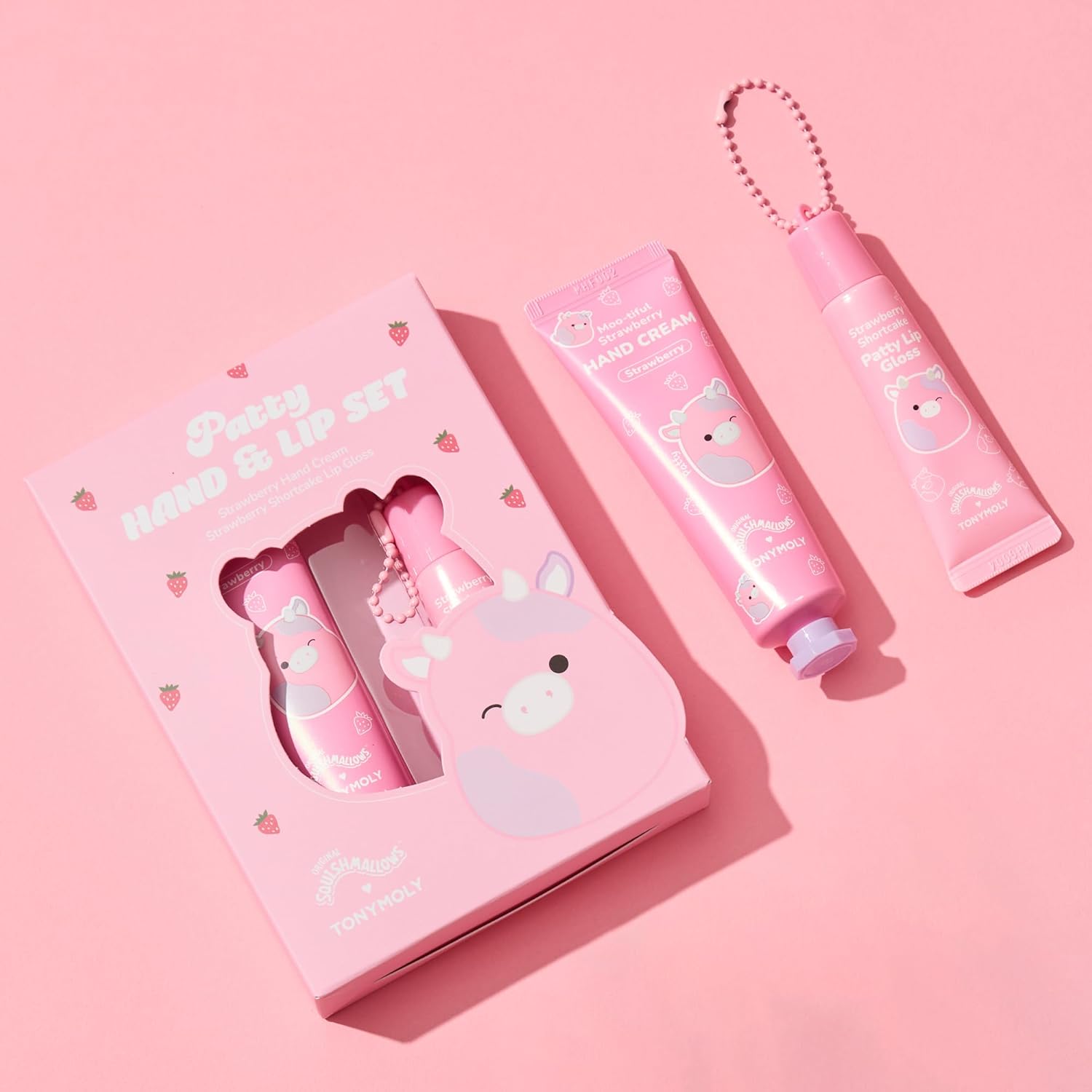 Tonymoly X Squishmallow Valentine Patty The Cow 2 Pc Hand Cream & Lip Gloss Set, Strawberry Hand Cream, Strawberry Shortcake Lip Gloss