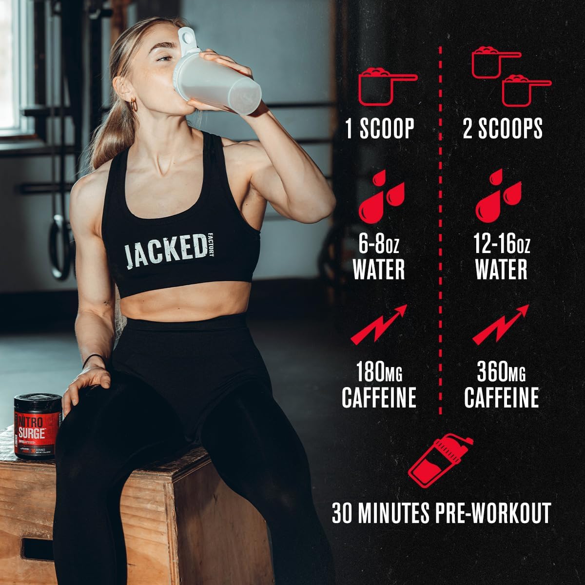 Jacked Factory NITROSURGE Shred Pre Workout Supplement - Energy Booster, Instant Strength Gains, Sharp Focus, Powerful Pumps - Nitric Oxide Booster & PreWorkout Powder - 30Sv, Black Cherry : Health & Household