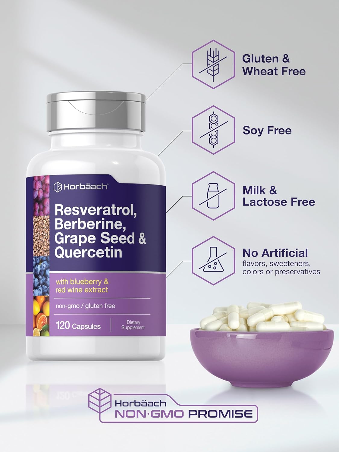 Horbäach Resveratrol Berberine Grape Seed & Quercetin | with Blueberry & Red Wine Extract | 120 Capsules | Non-GMO, Gluten Free Supplement : Health & Household