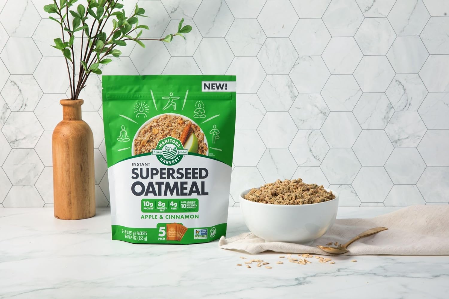 Manitoba Harvest Superseed Instant Oatmeal – 10G Protein, 4G Fiber & 8G Omega 3 And 6 Per Serving From Hemp Hearts, Whole Grain Rolled Oats, & Flax Seed – Apple & Cinnamon (6 Pack) 30 Packets Total