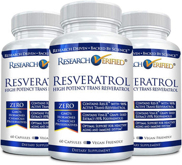 Research Verified Resveratrol - 98% Trans-Resveratrol 1000 Mg, Anti-Aging Support - 60 Capsules Per Bottle - 3 Bottles