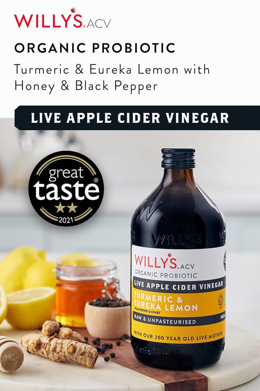 Willy'S Acv Organic Probiotic Apple Cider Vinegar With Mother For Gut Health - With Turmeric & Eureka Lemon 16.9 Fl Oz