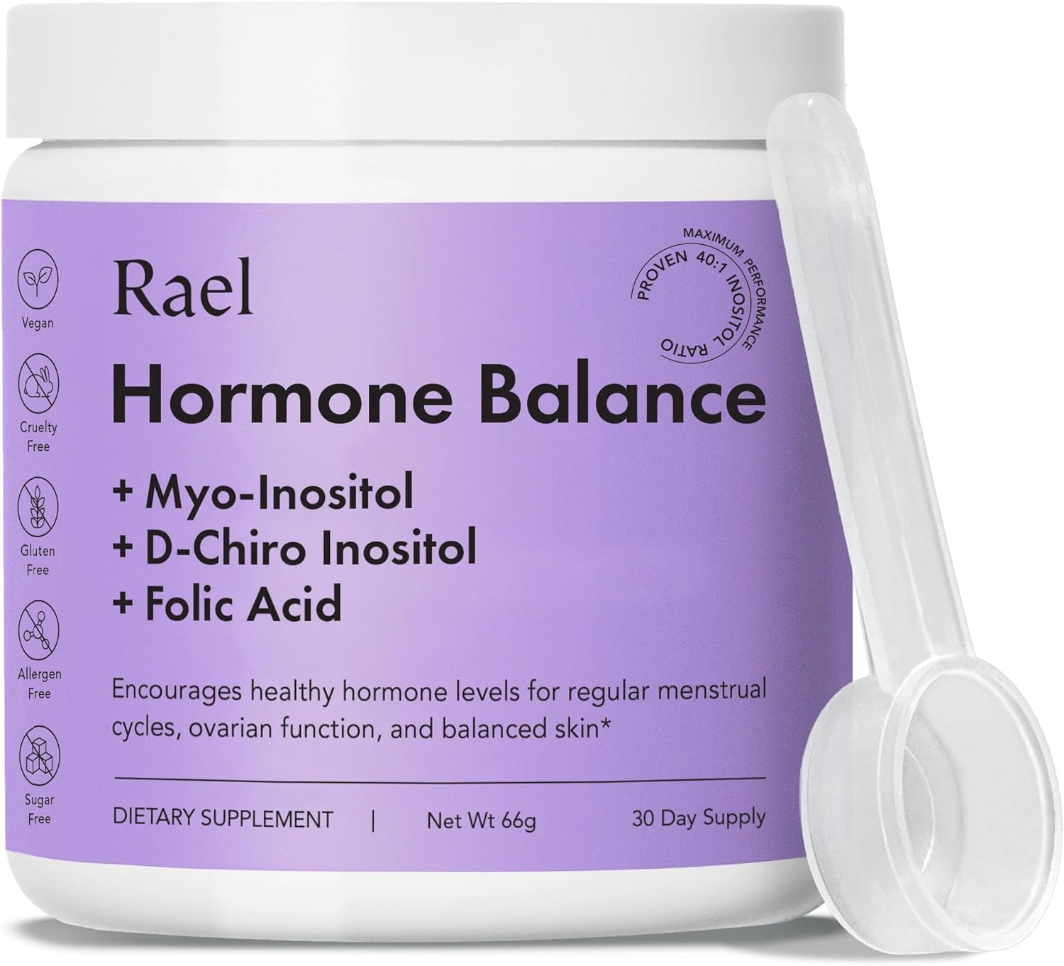 Rael Hormone Balance for Women, Myo Inositol Powder - Myo-Inositol & D-Chiro Inositol Supplement, Menstrual & Ovarian Function, Vitamin B8, 40:1 Ratio, Folic Acid, Vegan (30 Day Supply)