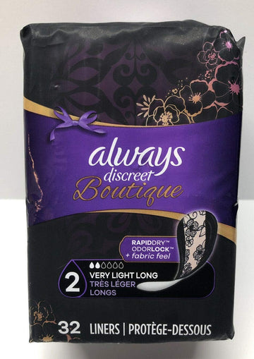 Always Discreet Boutique Incontinence Liners, Size 2, Very Light, Long, 32 Liners : Health & Household