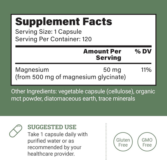 Pure Magnesium Glycinate 500Mg - Chelated Magnesium Supplement, High Absorption Vegan Magnesium, Magnesium Glycinate Capsules For Sleep, Glicinato De Magnesio With Organic Mct Powder (120 Capsules)