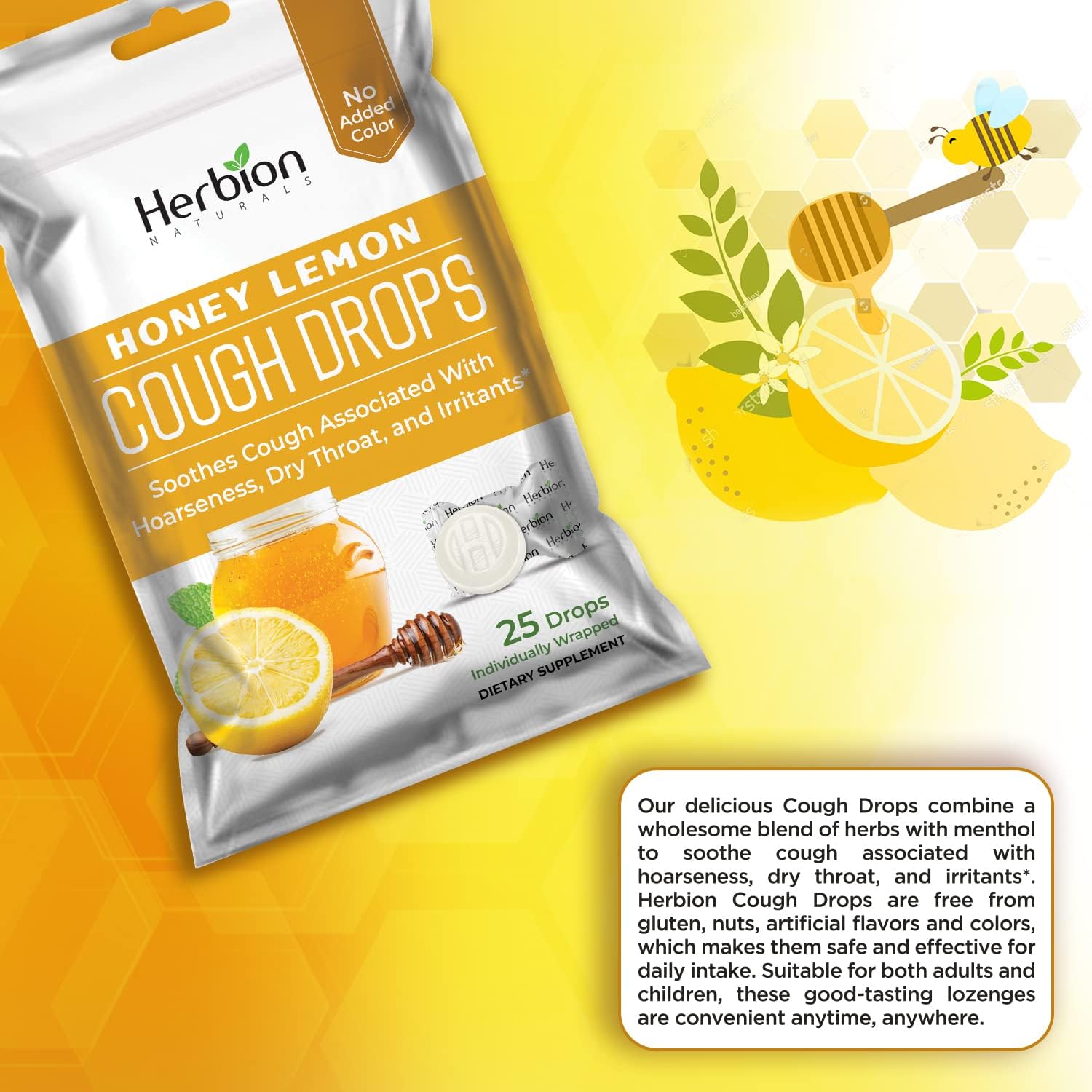 Herbion Naturals Cough Drops with Natural Honey Lemon Flavor, Dietary Supplement, for Adults and Children Over 6 Years, 25 Drops : Health & Household