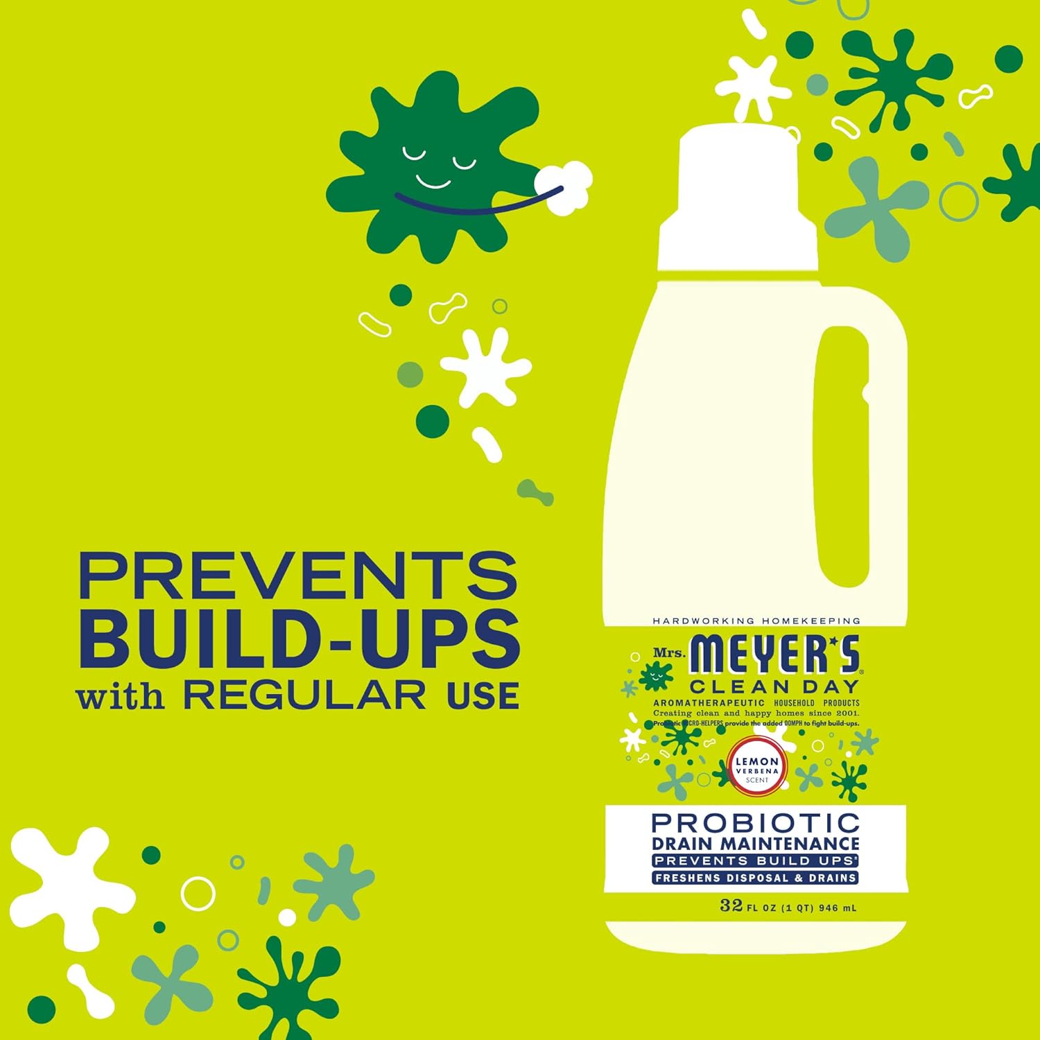 Mrs. Meyer'S Clean Day Probiotic Drain Maintenance Liquid, Lemon Verbena, Freshens Disposals And Drains, 32 Fl Oz