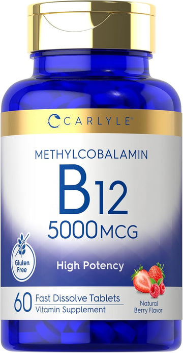 Carlyle Vitamin B-12 5000Mcg | 60 Fast Dissolve Tablets | For Adults | Vegetarian, Non-Gmo & Gluten Free | Methylcobalamin Supplement