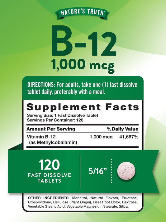 B12 Vitamin Sublingual Tablets | 1000 Mcg | 120 Count | Vegetarian, Non-Gmo & Gluten Free | Nature'S Truth