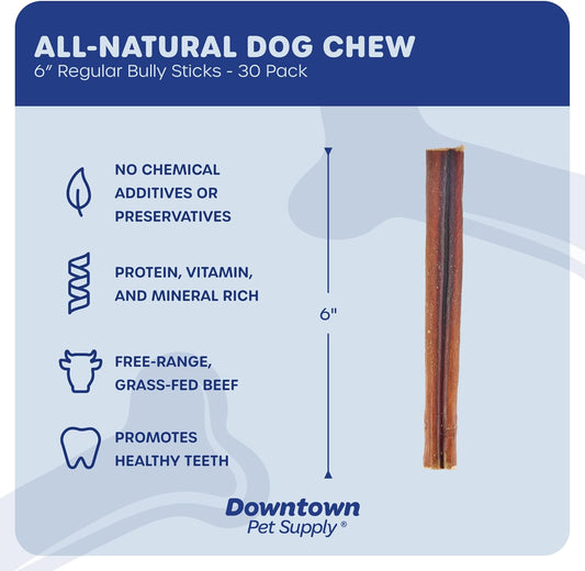 Downtown Pet Supply 6-inch Bully Sticks for Dogs, Pack of 30 - Single Ingredient, Nutrient-Rich and Odor Free Bully Sticks for Dogs - Rawhide Free Dog Chews Long Lasting and Non-Splintering