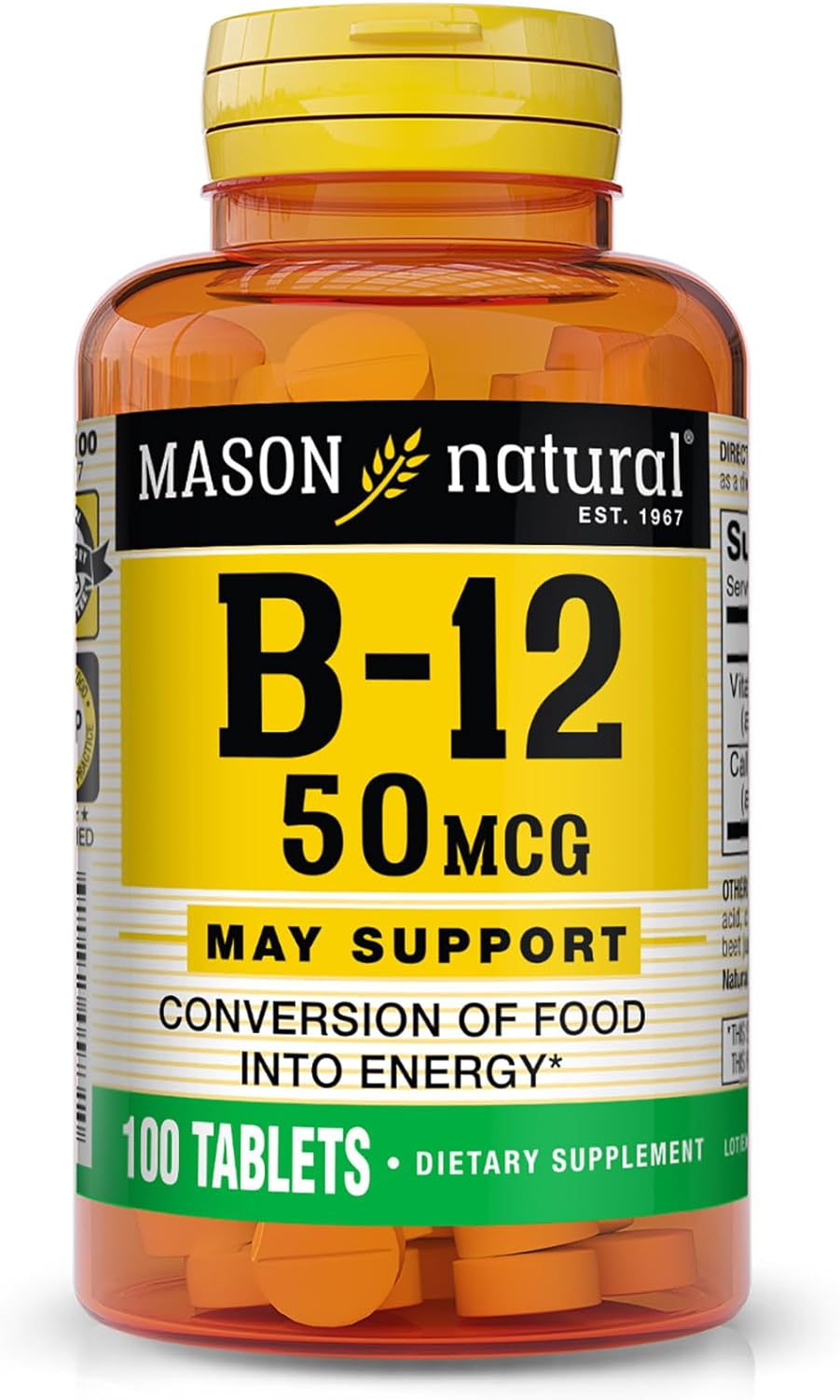 Mason Natural Vitamin B12 50 Mcg With Calcium - Healthy Conversion Of Food Into Energy, Supports Nerve Function And Health, 100 Tablets