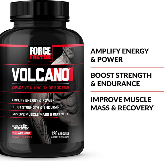 FORCE FACTOR Volcano Pre Workout Nitric Oxide Booster Supplement for Men with Creatine and L-Citrulline to Help Boost Nitric Oxide, Energy, Build Muscle & Improve Blood Flow, 120 Count(Pack of 3)