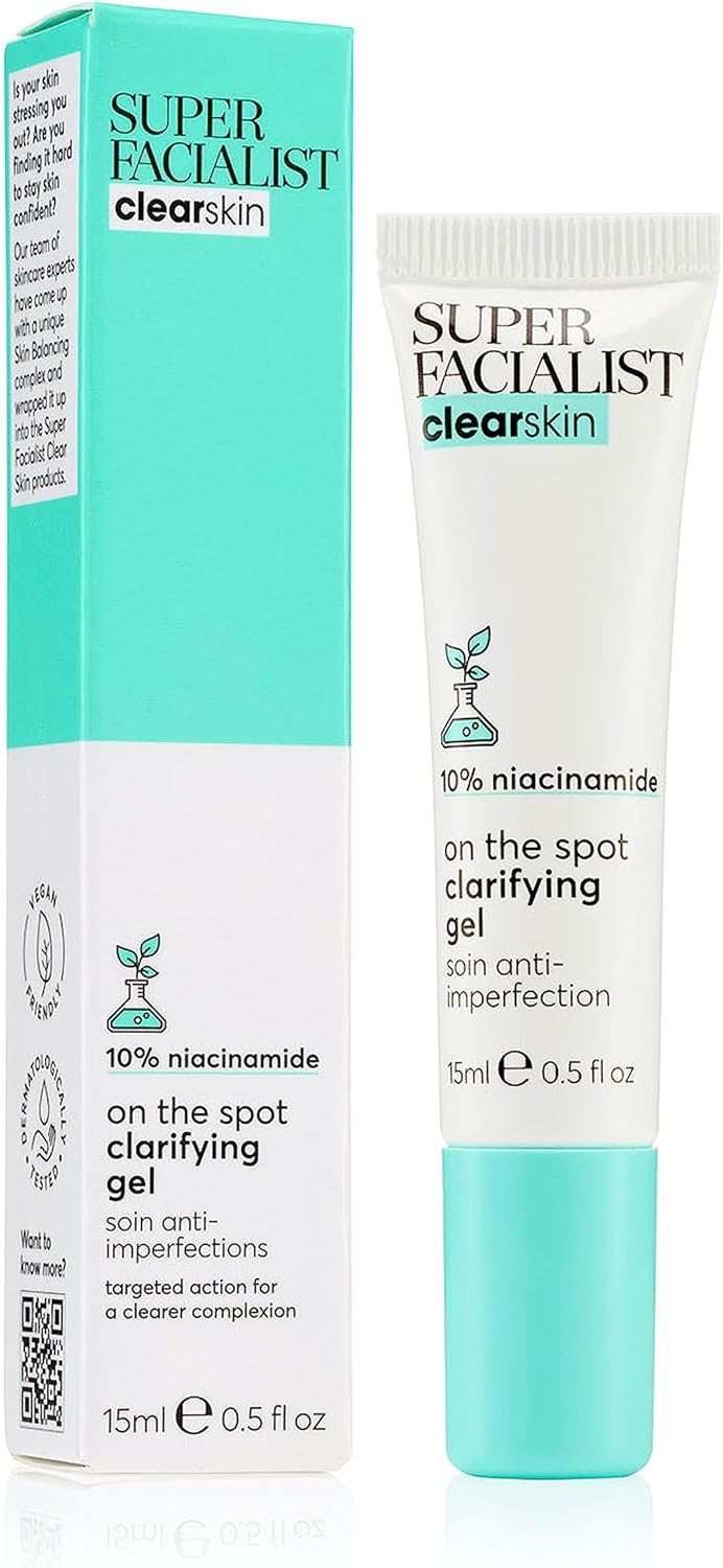 Super Facialist On The Spot Clarifying Gel - Spot Treatment For Acne With 10% Niacinamide, Tea Tree Oil & Prebiotics, Vegan Friendly 15Ml