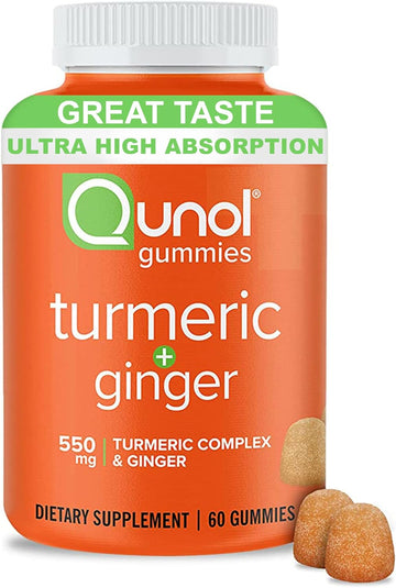 Qunol Turmeric and Ginger Gummies, Gummy with 500mg Turmeric + 50mg Ginger, Joint Support Supplement, Ultra High Absorption, Vegan, Gluten Free, 1 Month Supply 60ct