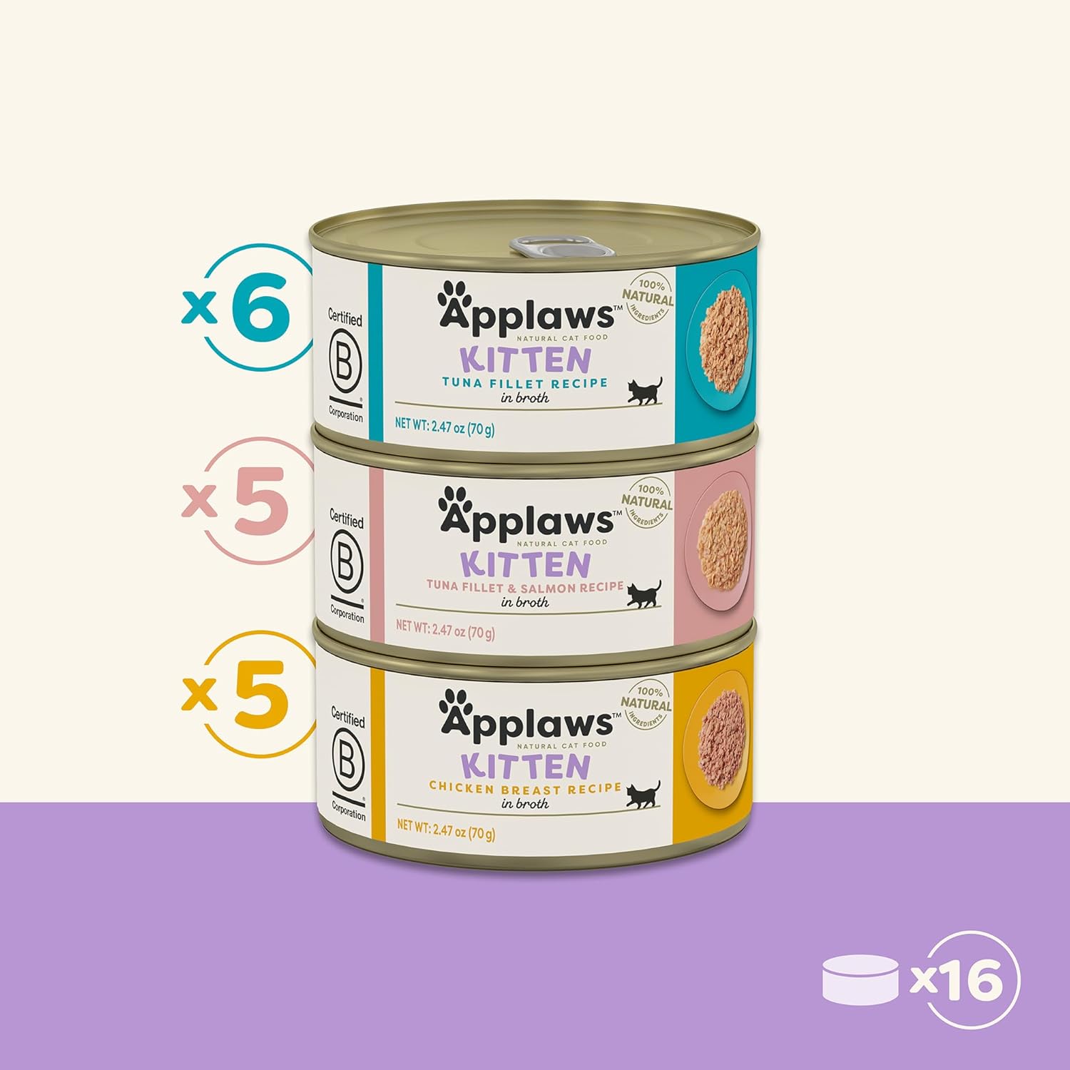 Applaws Natural Wet Cat Food In Broth, Limited Ingredient Canned Wet Cat Food, No Additives, Made With Natural Ingredients, Kitten Variety In Broth Cans (16 X 2.47Oz Cans) : Pet Supplies