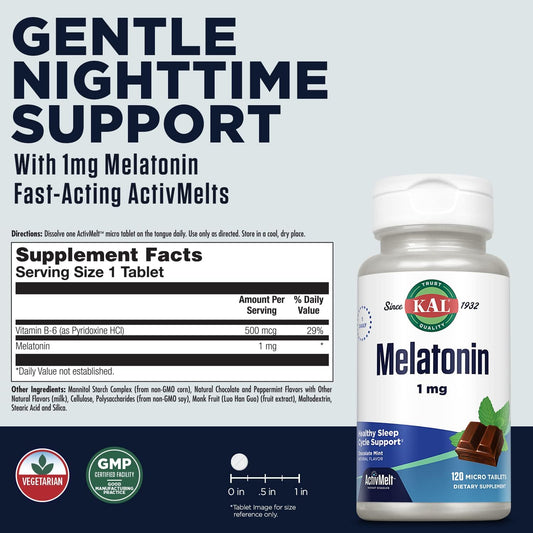 KAL Melatonin 1mg Sleep Aid, Melatonin Supplement Supports Calming Relaxation and a Healthy Sleep Cycle, Fast Dissolving ActivMelts, Natural Chocolate Mint Flavor, Vegetarian, 120 Serv, 120 Micro Tabs