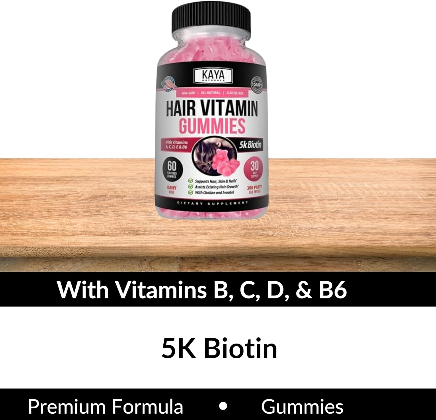 Kaya Naturals Hair Growth Gummies - Biotin 5000mcg Vitamins for Healthy Hair, Skin, and Nails - Beauty Supplement for Women or Men - 60 Count - Blueberry Flavor : Health & Household