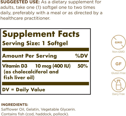 Solgar Vitamin D3 (Cholecalciferol) 10 mcg (400 IU) - 250 Softgels - Helps Maintain Healthy Bones & Teeth - Immune System Support - Non-GMO, Gluten Free, Dairy Free - 250 Servings