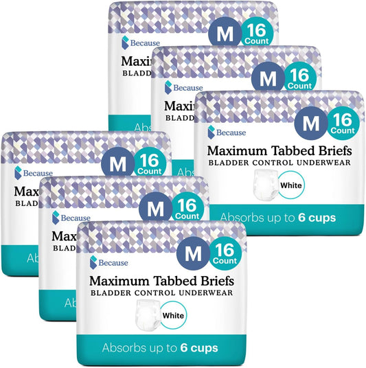 Because Adult Incontinence Tabbed Briefs For Women And Men - Adjustable Unisex Maximum Disposable Underwear, Anti Odor - White, Medium - Holds 6 Cups - 96 Count (6 Packs Of 16)