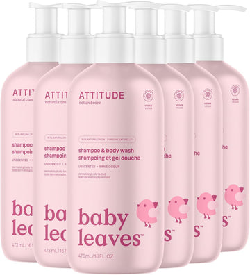 Attitude 2-In-1 Shampoo And Body Wash For Baby, Ewg Verified, Dermatologically Tested, Made With Naturally Derived Ingredients, Vegan, Unscented, 16 Fl Oz (Pack Of 6)